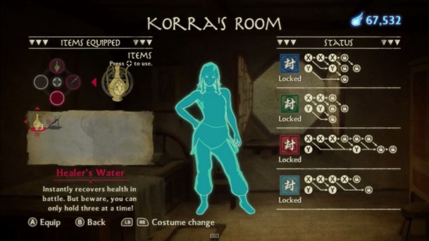 la-legende-de-korra La chambre de Korra ou vous pourrez voir votre inventaire, tenues et combos pour Korra.